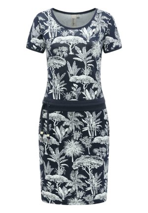Granatowa sukienka z krótkim rękawem, z białym nadrukiem tropikalnych drzew i roślin, okrągłym dekoltem oraz paskiem w talii z troczkiem.