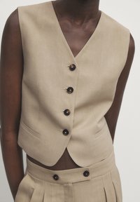 Gilet beige senza maniche con quattro bottoni scuri abbinato a pantaloni beige a vita alta con pieghe, dotati di due bottoni in vita.