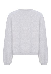 Sweat-shirt court gris clair en tissu doux. Présente un col rond, des épaules tombantes et des poignets côtelés avec une texture lisse.