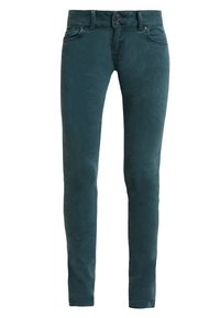 Pantalones de pana en tono verde oscuro de corte slim, con bolsillos frontales, cierre de doble botón y trabillas para cinturón.