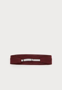 Burgundy fabric headband with a smooth texture, featuring two knotted ends and a silver adjusting hardware for size modification.