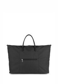 Borsa a spalla in nylon nero con dettagli in pelle, due manici, una tasca frontale con zip e un design spazioso per un facile trasporto.