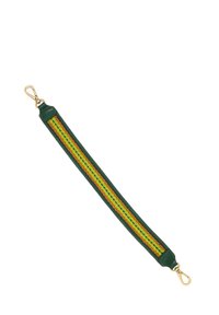 Cinturino intrecciato nei colori verde, giallo e arancione con un motivo testurizzato. Presenta accessori in oro e estremità in pelle. Forma rettangolare.
