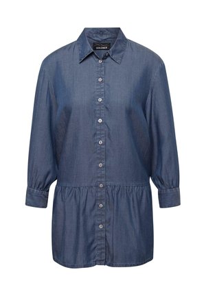 Denimhemd mit kragenförmigem Ausschnitt, Knopfleiste und dreiviertellangen Ärmeln; verfügt über eine geraffte Taille und eine glatte Textur in Dunkelblau.