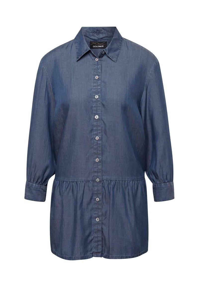 Denimhemd mit kragenförmigem Ausschnitt, Knopfleiste und dreiviertellangen Ärmeln; verfügt über eine geraffte Taille und eine glatte Textur in Dunkelblau.