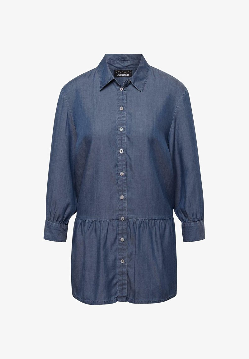 Denim overhemd met een kraag, knoopsluiting aan de voorkant en driekwart mouwen; heeft een geraffineerde taille en een gladde textuur in donkerblauw.