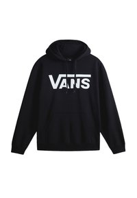 Sudadera negra con capucha en una mezcla de algodón pesado, que cuenta con un bolsillo frontal tipo canguro y un gran logo blanco de "VANS". Corte clásico con capucha ajustable.
