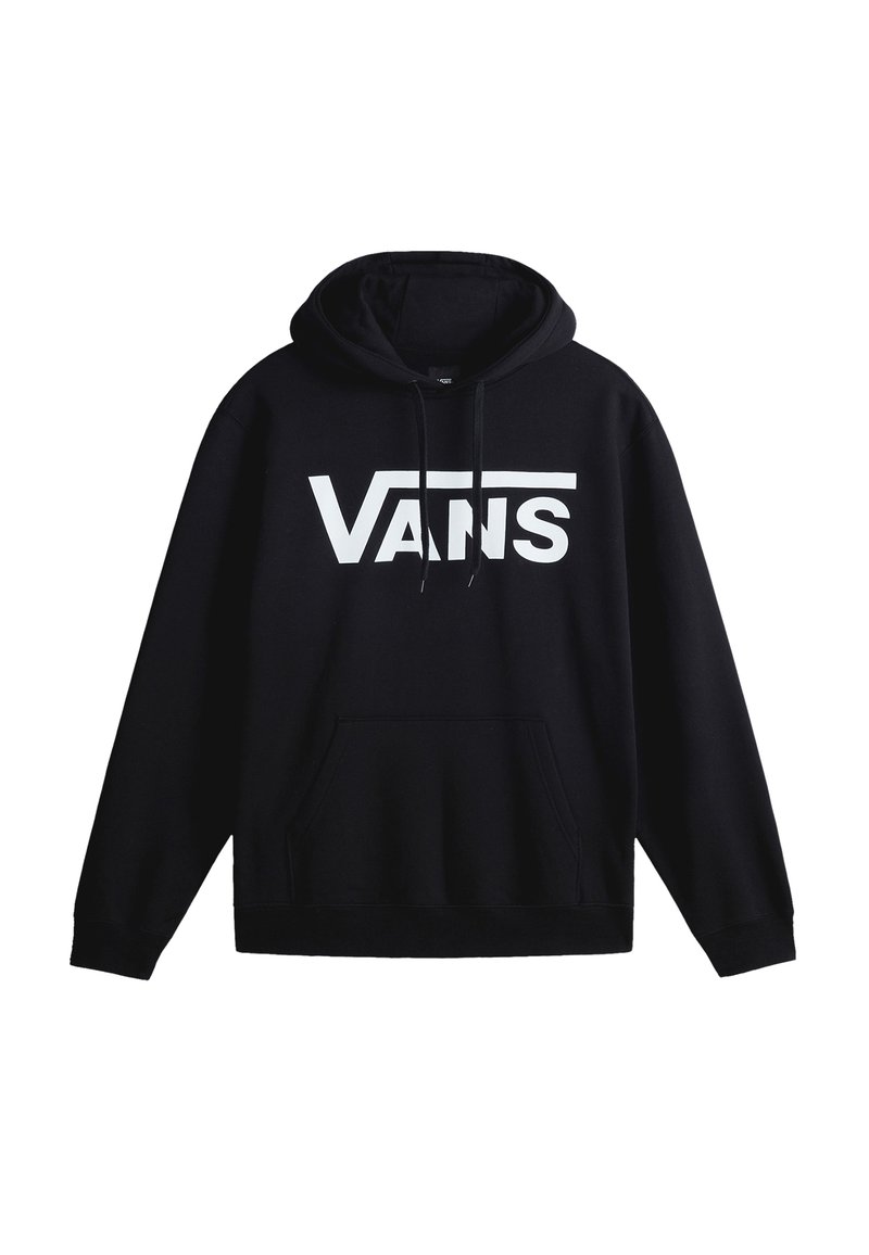 Sudadera negra con capucha en una mezcla de algodón pesado, que cuenta con un bolsillo frontal tipo canguro y un gran logo blanco de "VANS". Corte clásico con capucha ajustable.