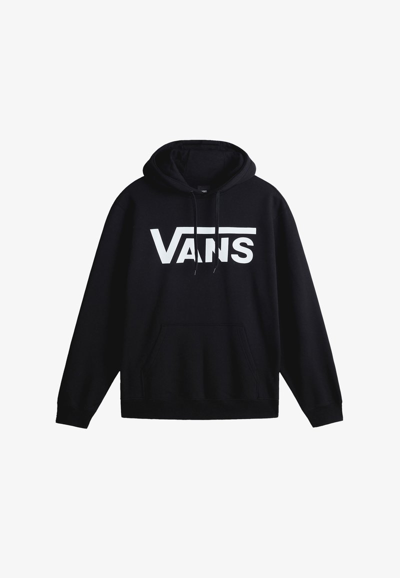 Sudadera negra con capucha en una mezcla de algodón pesado, que cuenta con un bolsillo frontal tipo canguro y un gran logo blanco de "VANS". Corte clásico con capucha ajustable.