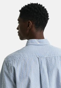 Gestreifte Hemdbluse mit blauen und weißen Streifen, klassischem Kragen und Rückenschlitz. Weicher Stoff mit strukturierter Oberfläche.