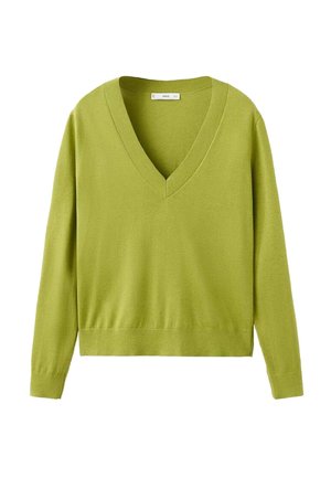 Svijetlozeleni dugi džemper pletenog materijala s V-izrezom i rebrastim manžetama i rubom.