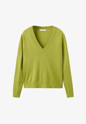 Svetlo zelena dolga pletena majica z V-izrezom in rebrastimi manšetami ter spodnjim robom.