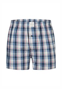 Geruite boxershorts in blauw, wit en rood. Voorzien van een elastische tailleband, een knoopsluiting en een zachte katoenen stof. Opvallend ruitpatroon overal.