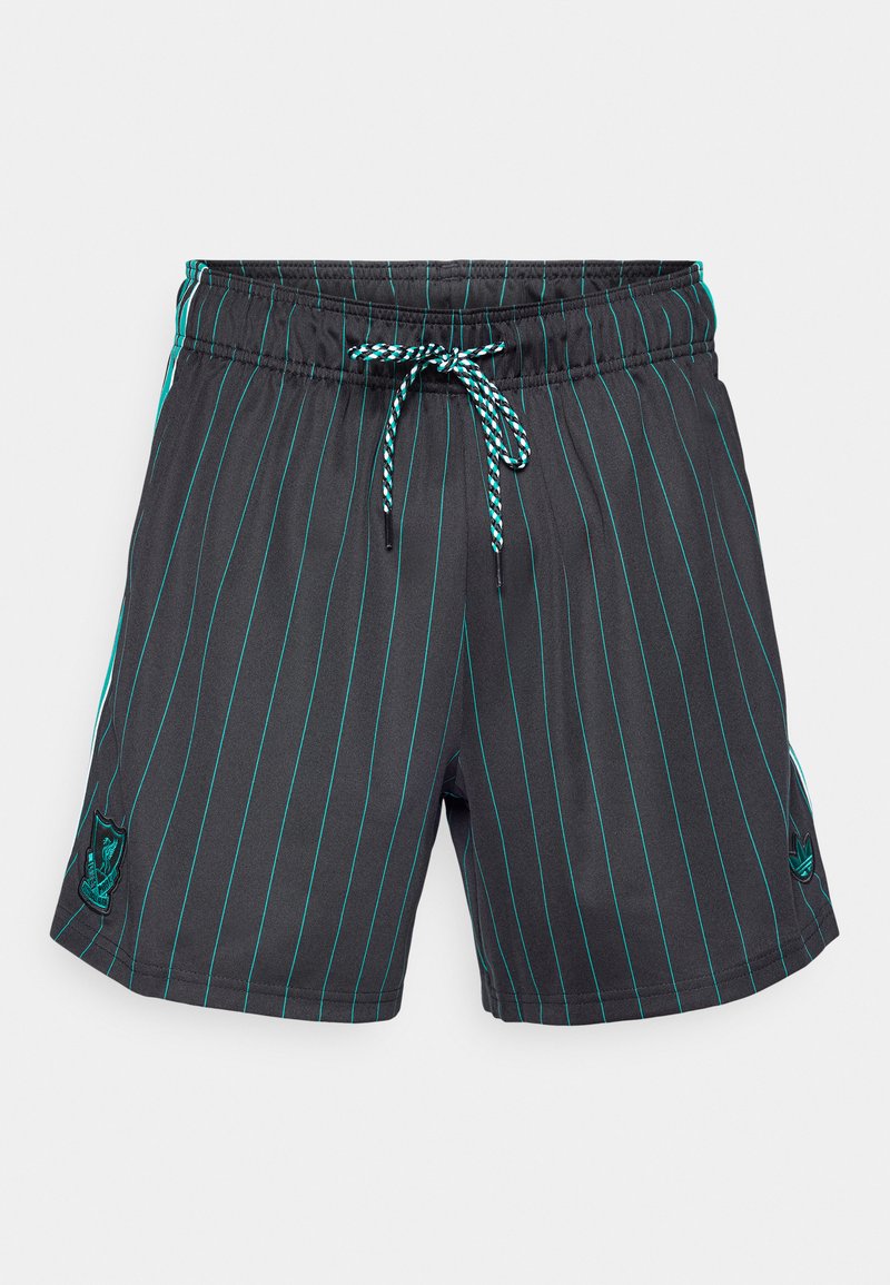Shorts de bain noirs avec des rayures verticales turquoise, taille élastique et cordon de serrage. Présentent un logo cousu sur le côté gauche.