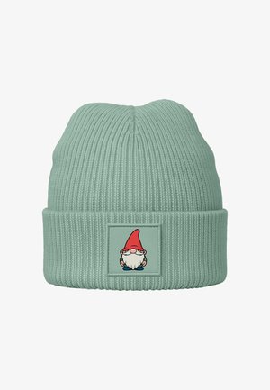 Light green ribbed knit beanie with a folded cuff featuring a small patch of a cartoon gnome with a red hat and white beard.