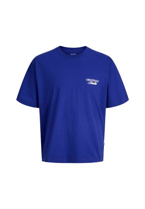 Blå bomulds T-shirt med korte ærmer, rund hals og et hvidt "ORIGINALS" logo tryk på venstre brystområde. Enkel design uden mønstre.