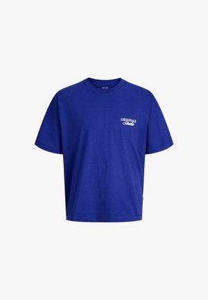 Maglietta di cotone blu con maniche corte, colletto a girocollo e stampa bianca "ORIGINALS" sulla parte sinistra del petto. Design semplice senza motivi.