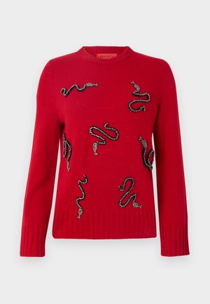 Red knitted sweater featuring decorative snake designs embellished with beads, ribbed cuffs and hem, and a crew neckline.