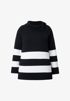 Czarna i biała sweter w paski z wysokim kołnierzem, z trzema szerokimi poziomymi paskami i długimi rękawami. Miękki splot.