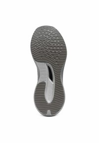Podeszwa buta z szarej gumy o fakturowanym wzorze, z okrągłym wycięciem oraz wstawką z czarnej siateczki dla zwiększenia elastyczności.