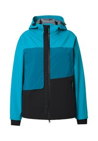 Veste turquoise et noire avec capuche, fermeture éclair frontale et grande poche poitrine. Tissu lisse avec des blocs de couleur contrastants et des détails de logo.