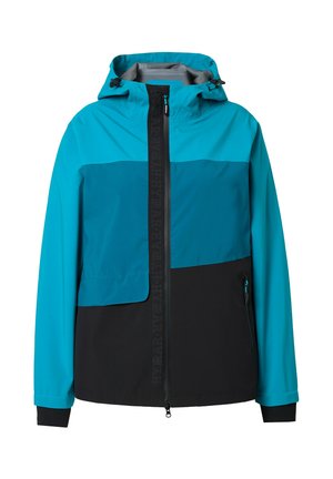 Turquoise en zwarte jas met een capuchon, een rits aan de voorkant en een grote borstzak. Soepele stof met contrasterende kleurvlakken en logo-details.