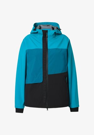 Türkiser und schwarzer Jacke mit Kapuze, Frontreißverschluss und großer Brusttasche. Glattes Material mit kontrastierenden Farbstreifen und Logo-Details.