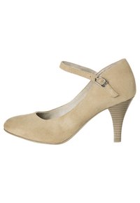 Beige semišová vysoká podpatková bota s kulatou špičkou a jedním popruhem přes kotník. Má texturovaný podpatek a hladké vnitřní vyložení.