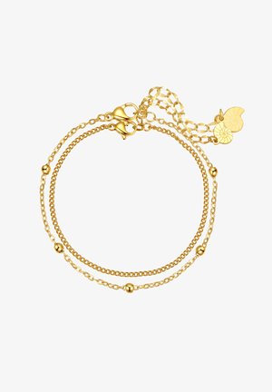 Bracelet en or avec deux chaînes entrelacées, agrémenté d'accents de perles circulaires et d'un fermoir en homard. Inclut une chaîne d'extension réglable.