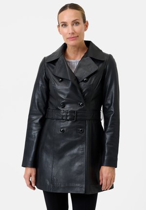 Black leather trench coat with a double-breasted design, large collar, button accents, and a cinched waist belt. Smooth texture.