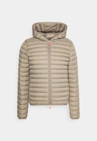 Lightweight padded jacket in taupe, featuring a zip front, hood, and horizontal quilted design. Includes an orange zipper pull and logo accent.