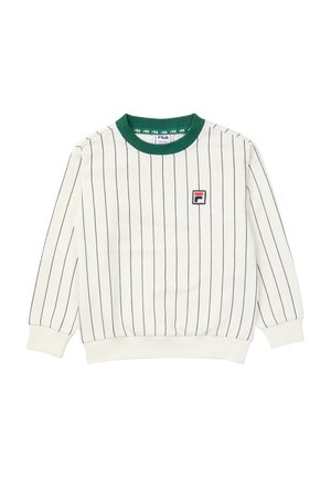 Witte sweatshirt met lange mouwen en dunne zwarte verticale strepen, groene geribbelde kraag, FILA-logo op de borst en witte boorden en zoom.