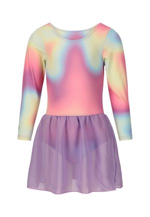 Langærmet kjole med en flerfarvet pastel gradient overdel og et transparent lavendel nederdelsoverlag, egnet til et barn.