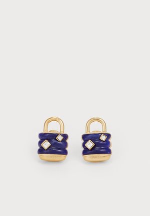 Gold-tone earrings shaped like locks, featuring textured blue enamel and clear geometric accents. Polished finish with a distinctive design.