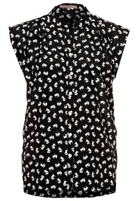 Camicia nera con bottoni sul davanti e maniche corte. Presenta un motivo di silhouette bianche e rosse, realizzata in tessuto leggero.