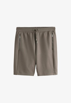Taupe-farbene, knieumspielende Shorts mit elastischem Bund, verstellbarem Kordelzug und zwei vertikal angebrachten Reißverschlusstaschen vorne.