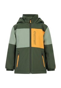 Giacca verde e arancione con design a blocchi di colore, chiusura a zip e cappuccio. Il materiale sembra resistente con dettagli a contrasto sulla cerniera.