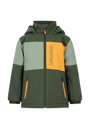 Grüne und orangefarbene Jacke mit Farbblockdesign, Reißverschluss und Kapuze. Das Material wirkt strapazierfähig mit kontrastierenden Reißverschlussakzenten.
