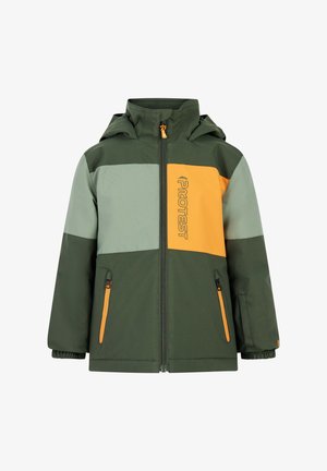 Vihreä ja oranssi takki, jossa on värilohkojen muotoilu, vetoketjusuljenta ja huppu. Materiaali vaikuttaa kestävältä ja siinä on kontrastiväriset vetoketjuaksekset.