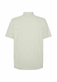 Cămașă scurtă cu mânecă, de culoare gri deschis, cu textură uniformă, guler clasic și tiv drept. Design simplu, potrivit pentru îmbrăcăminte casual.