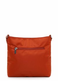 Schultertasche in Rostorange mit vorderer Reißverschlusstasche und verstellbarem Riemen, aus glattem Stoff gefertigt.
