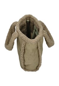 Beige Wildledertasche mit weichem, strukturiertem Fleecebesatz, zwei kurzen Griffen und einem gefütterten Innenraum mit einer kleinen Reißverschlusstasche.