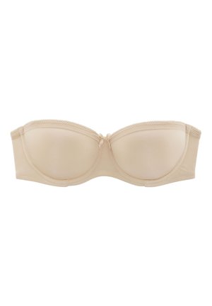 Reggiseno beige senza spalline con coppe sagomate, materiale liscio, leggero lucido, bordatura in pizzo sui bordi e un piccolo fiocco al centro davanti.