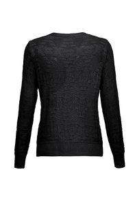 Pulover negru tricotat, cu maneci lungi, model texturat, decolteu rotund si mansete si tiv ondulate. Vederea din spate arata cusaturi uniforme.