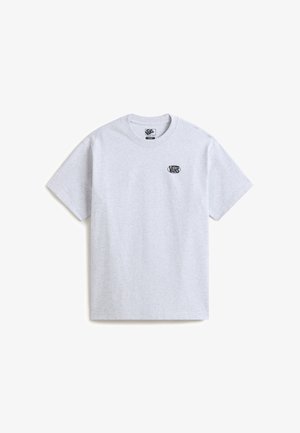 Hellgraues Vans T-Shirt mit kurzen Ärmeln und kleinem schwarzem Vans-Logo auf der linken Brust, Rundhalsausschnitt, mittleres Größenetikett innen.