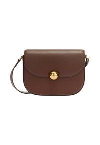 Borsa a tracolla in pelle marrone dalla forma arrotondata, con una chiusura circolare dorata e una tracolla sottile. Superficie lavorata con una finitura liscia.