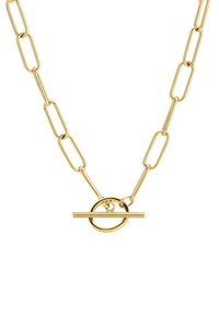 Guld kædehalssmykke med aflange led, en cirkulær lås og en vandret stang som lukning.