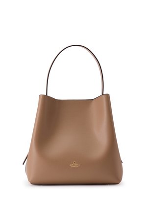 Sac à main en cuir marron avec une poignée unique et un petit logo doré centré près du bas à l'avant.