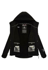 Black hooded jacket showcasing a soft inner lining, zippered pockets, and printed designs on the interior. Features a label with care instructions.