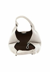 Sac à main en cuir gris clair avec une finition texturée, anse ronde et intérieur brun comprenant une fermeture éclair et des clips pour une fermeture sécurisée.